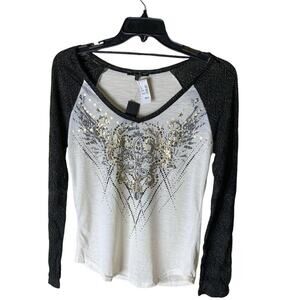 Miss Me Baseball Tee Women Size Large Metallic Angel Wing Graphic Textured Shirt